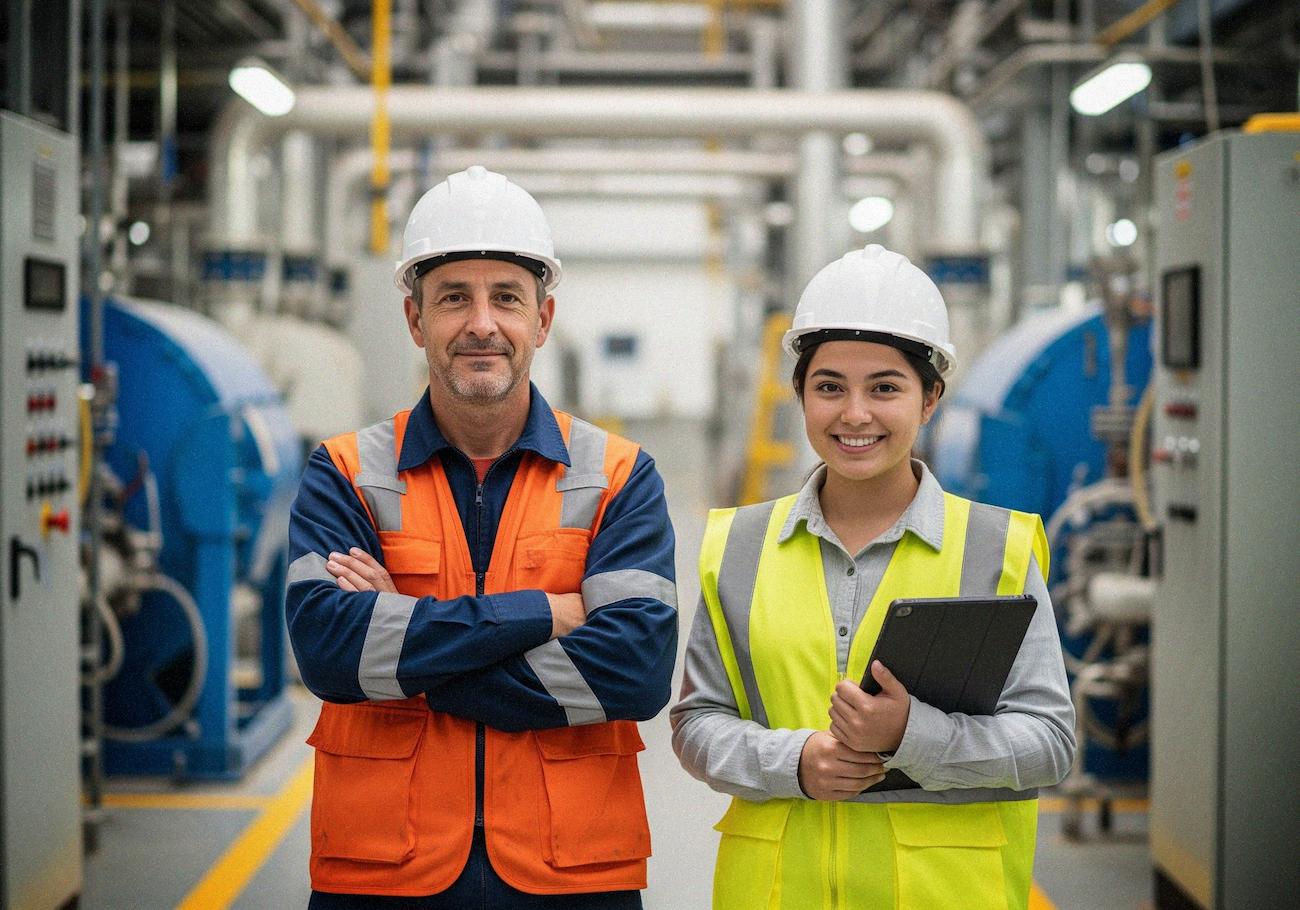 Dos estudiantes posan con los brazos cruzados en un taller industrial; uno lleva casco y chaleco reflectante, y el otro overol con protección auditiva en el cuello.