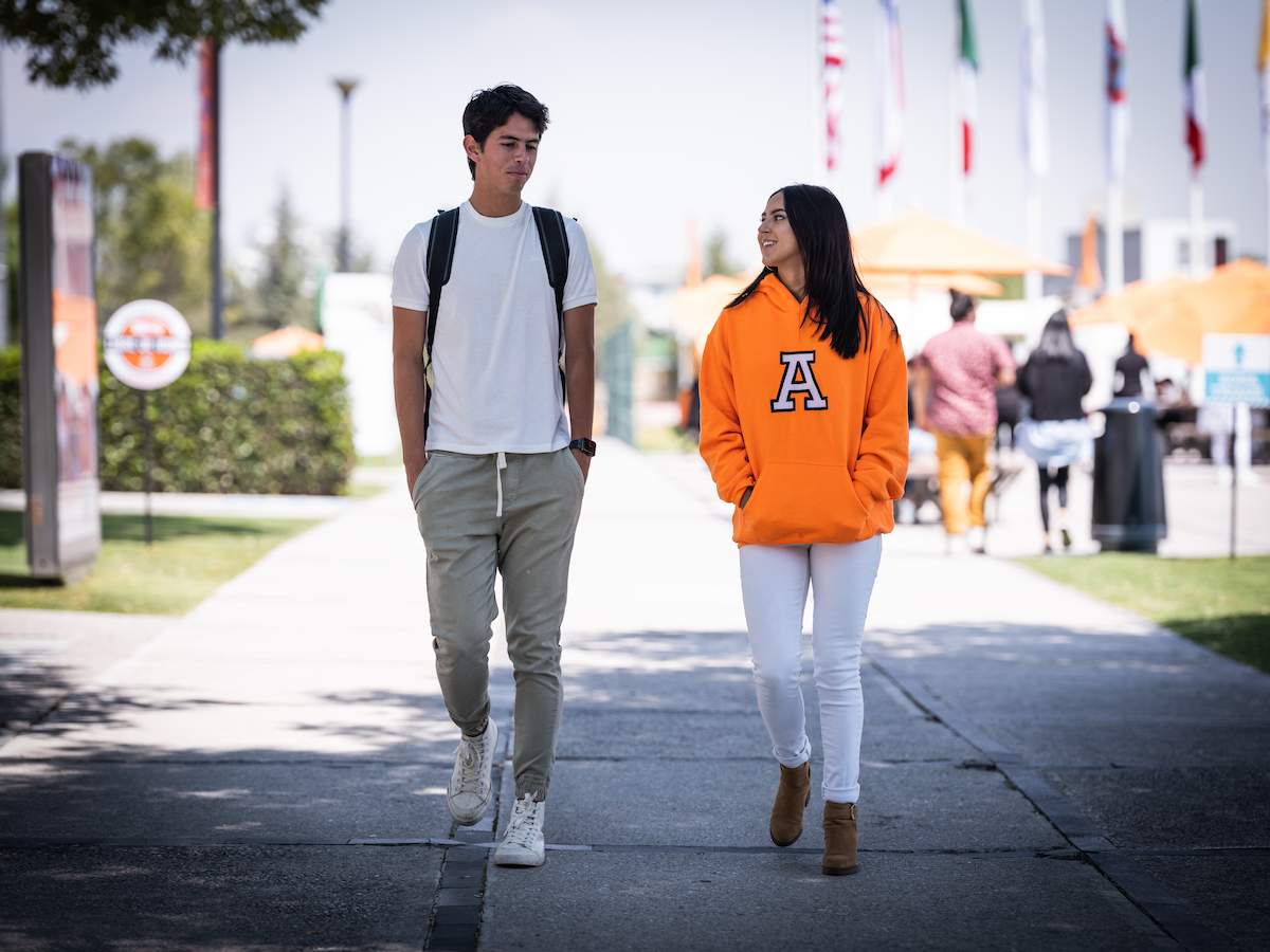 Estudiantes de Relaciones Internacionales caminando y conversando en un campus universitario rodeado de banderas internacionales, reflejando formación global, diálogo intercultural y vida universitaria activa.